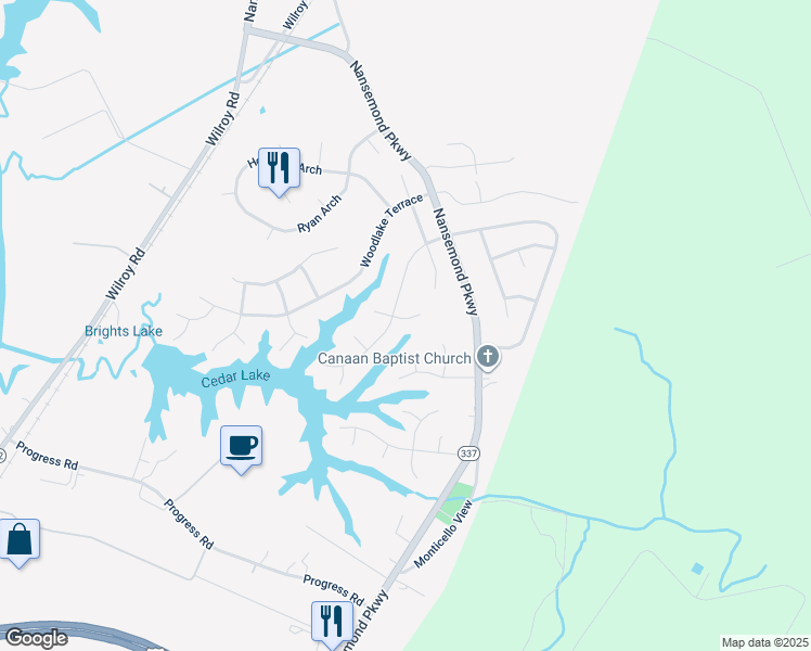 map of restaurants, bars, coffee shops, grocery stores, and more near 209 Jennifer Court in Suffolk