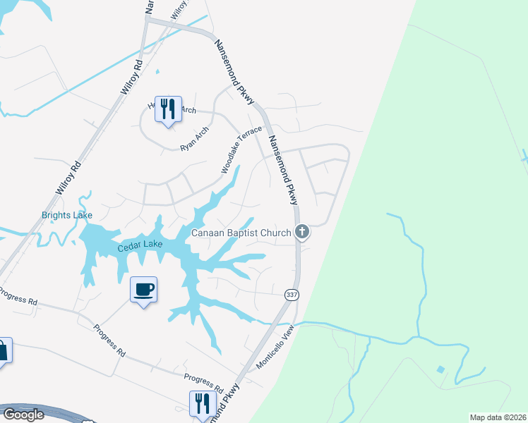 map of restaurants, bars, coffee shops, grocery stores, and more near 213 Jennifer Court in Suffolk