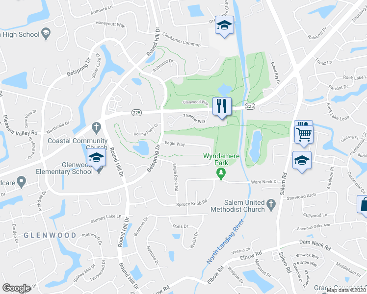 map of restaurants, bars, coffee shops, grocery stores, and more near 1145 Eagle Way in Virginia Beach