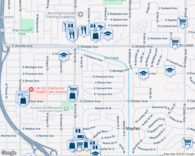 map of restaurants, bars, coffee shops, grocery stores, and more near 3354 East Princeton Avenue in Fresno