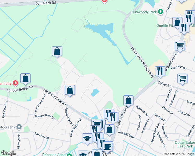 map of restaurants, bars, coffee shops, grocery stores, and more near 2012 Amersham Court in Virginia Beach