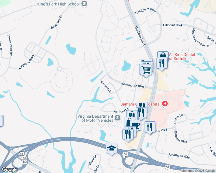 map of restaurants, bars, coffee shops, grocery stores, and more near 210 Archers Drive in Suffolk