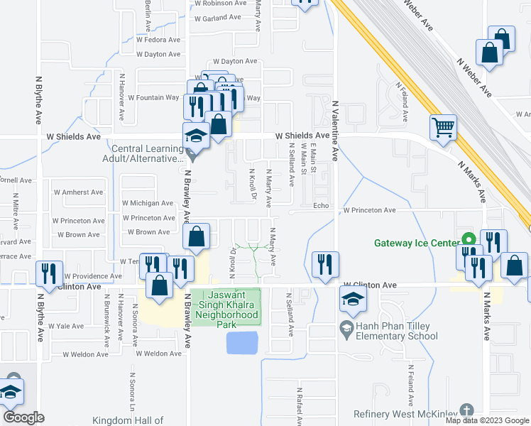 map of restaurants, bars, coffee shops, grocery stores, and more near 3590 West Princeton Avenue in Fresno
