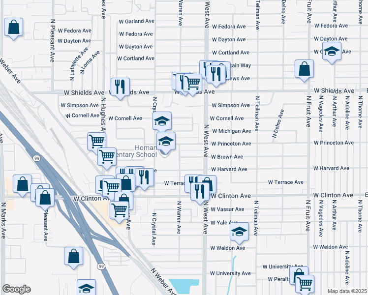 map of restaurants, bars, coffee shops, grocery stores, and more near 1477 West Princeton Avenue in Fresno