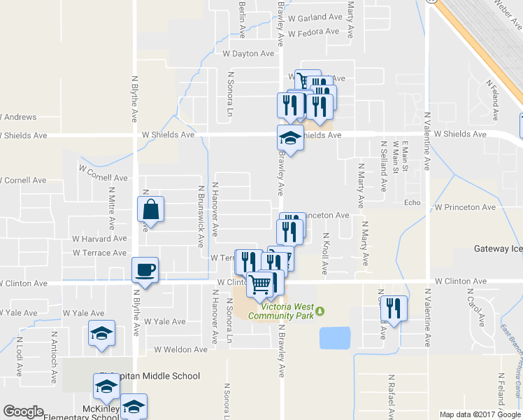 map of restaurants, bars, coffee shops, grocery stores, and more near 4052 West Princeton Avenue in Fresno