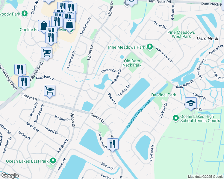 map of restaurants, bars, coffee shops, grocery stores, and more near 1884 Tolstoy Drive in Virginia Beach