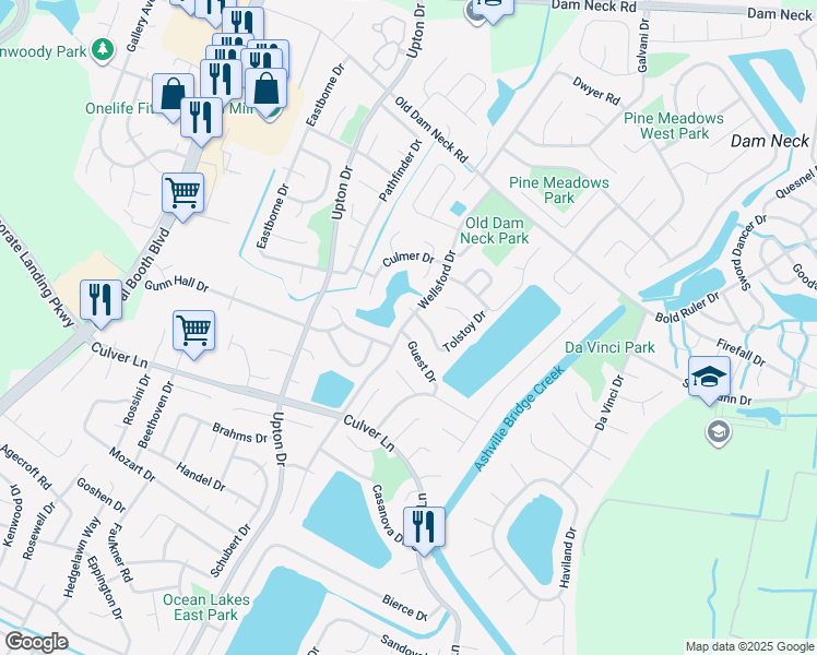 map of restaurants, bars, coffee shops, grocery stores, and more near 1096 Guest Drive in Virginia Beach