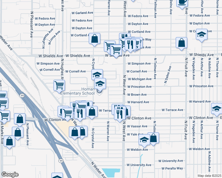 map of restaurants, bars, coffee shops, grocery stores, and more near 1477 West Princeton Avenue in Fresno