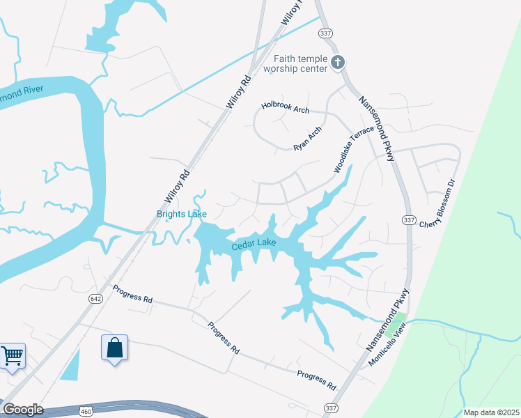 map of restaurants, bars, coffee shops, grocery stores, and more near 147 Woodlake Terrace in Suffolk