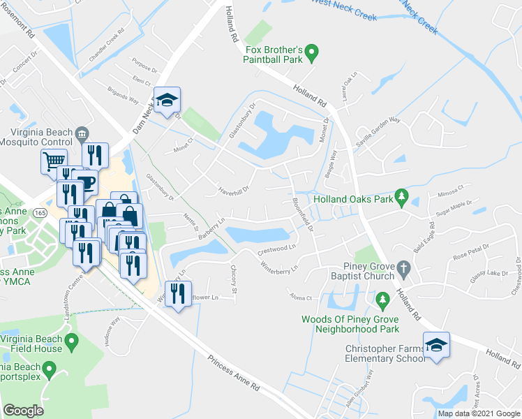 map of restaurants, bars, coffee shops, grocery stores, and more near 1809 Ellswood Court in Virginia Beach