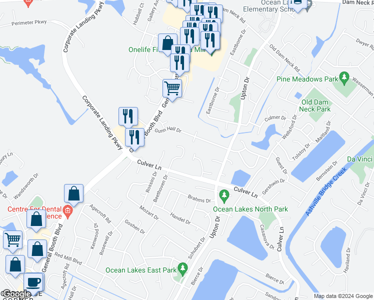 map of restaurants, bars, coffee shops, grocery stores, and more near 1824 Castleton Court in Virginia Beach