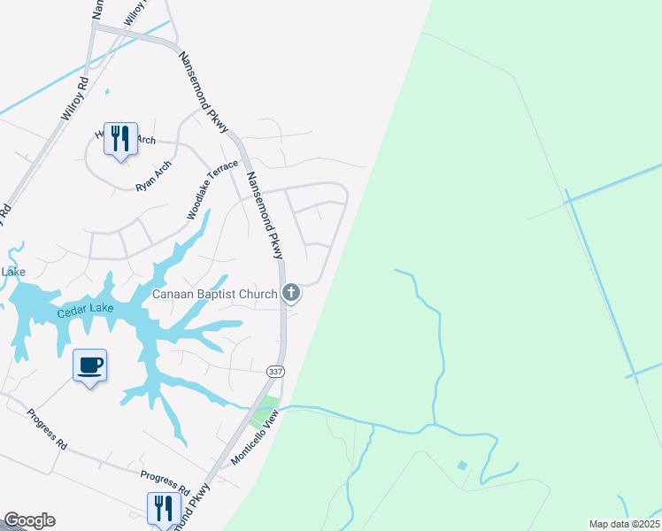 map of restaurants, bars, coffee shops, grocery stores, and more near 2416 Cherry Blossom Drive in Suffolk