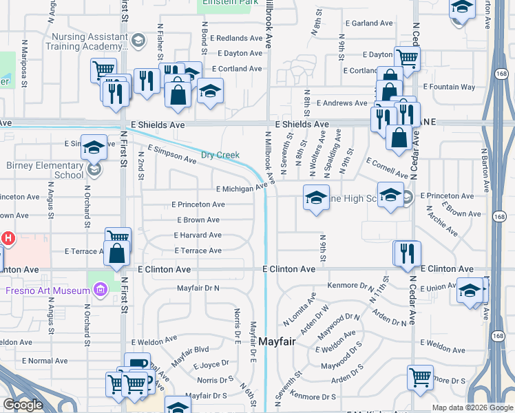 map of restaurants, bars, coffee shops, grocery stores, and more near 2736 North 6th Street in Fresno