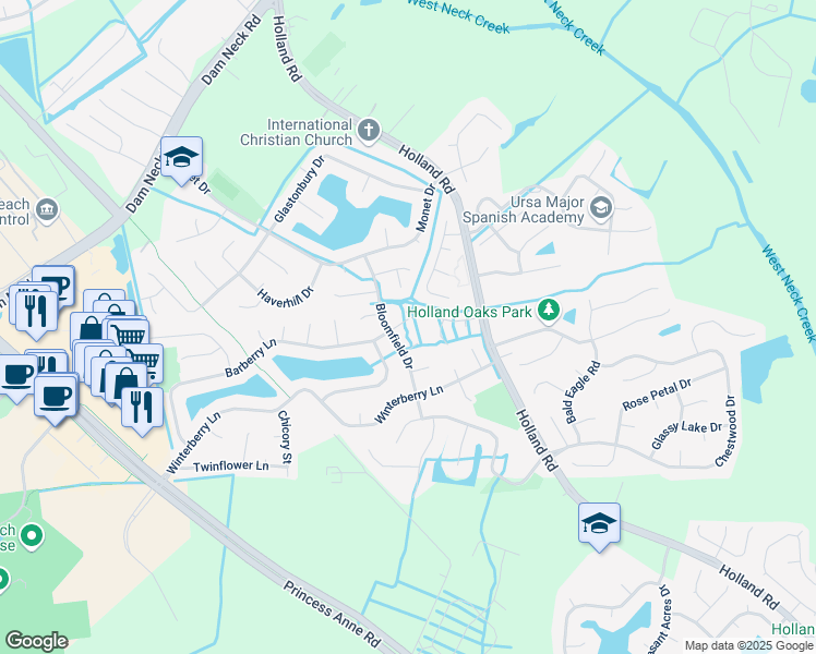 map of restaurants, bars, coffee shops, grocery stores, and more near 3061 Barberry Lane in Virginia Beach