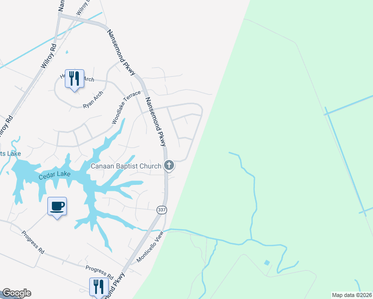 map of restaurants, bars, coffee shops, grocery stores, and more near 2417 Cherry Blossom Drive in Suffolk