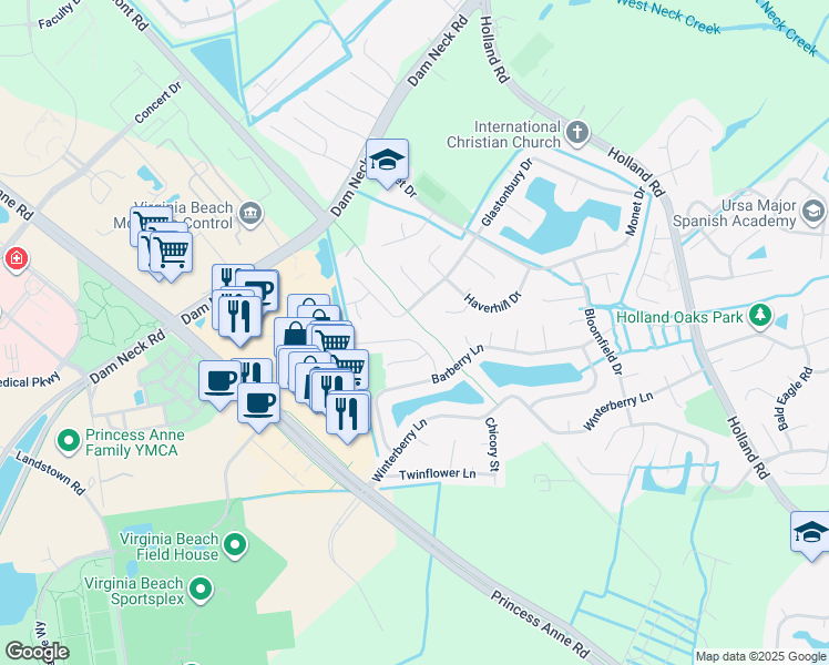 map of restaurants, bars, coffee shops, grocery stores, and more near 1952 Nettle Street in Virginia Beach