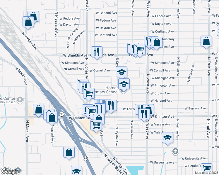 map of restaurants, bars, coffee shops, grocery stores, and more near 1806 West Homan Avenue in Fresno