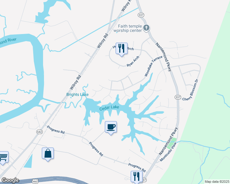 map of restaurants, bars, coffee shops, grocery stores, and more near 147 Woodlake Terrace in Suffolk