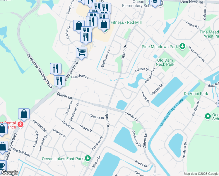 map of restaurants, bars, coffee shops, grocery stores, and more near 1173 Gunn Hall Drive in Virginia Beach