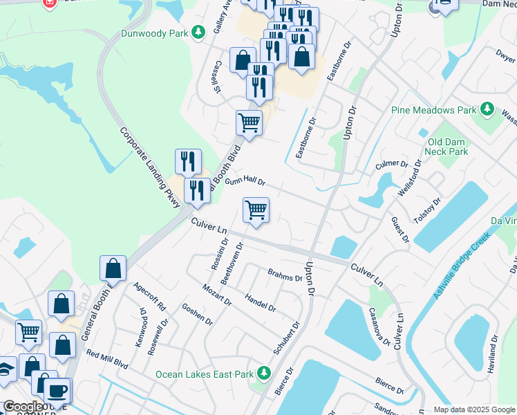 map of restaurants, bars, coffee shops, grocery stores, and more near 1813 Castleton Court in Virginia Beach