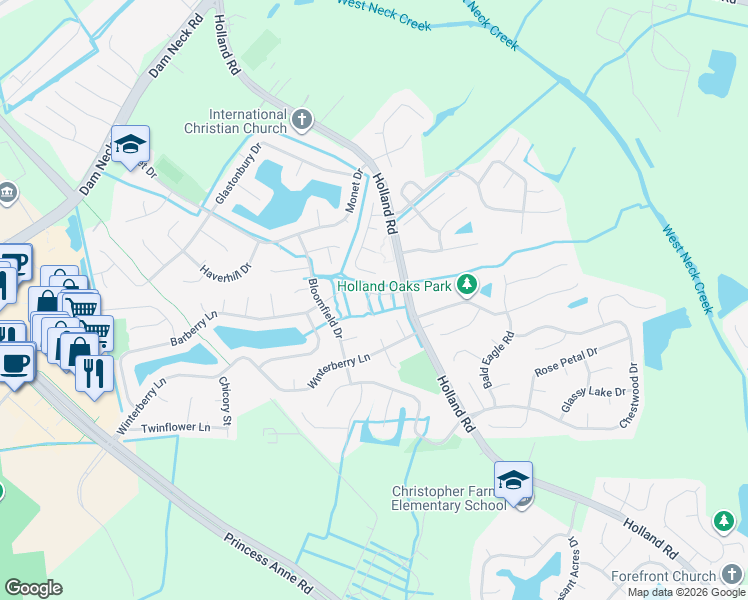 map of restaurants, bars, coffee shops, grocery stores, and more near 1900 Millbrook Court in Virginia Beach