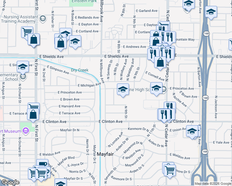 map of restaurants, bars, coffee shops, grocery stores, and more near 2722 N 8th St in Fresno
