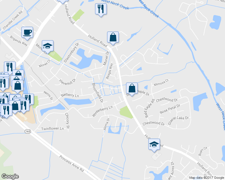 map of restaurants, bars, coffee shops, grocery stores, and more near 1900 Millbrook Court in Virginia Beach