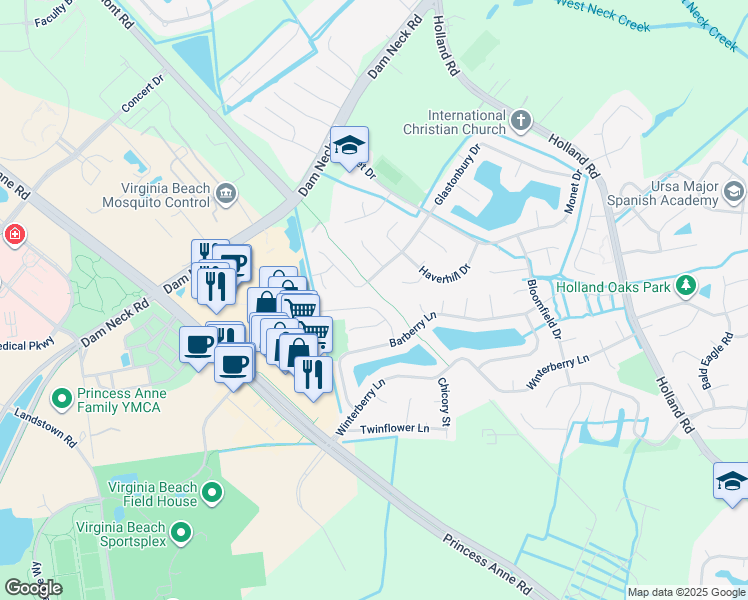 map of restaurants, bars, coffee shops, grocery stores, and more near 1952 Nettle Street in Virginia Beach