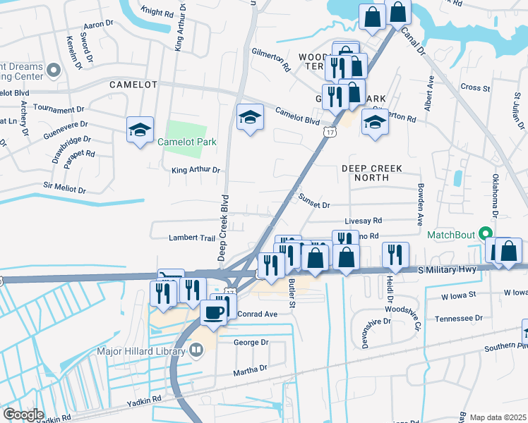 map of restaurants, bars, coffee shops, grocery stores, and more near 2604 Townhouse Lane in Chesapeake