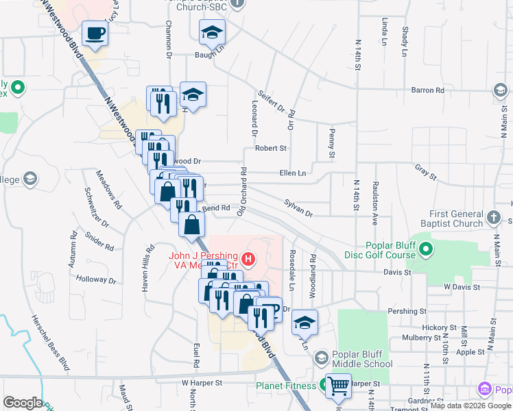 map of restaurants, bars, coffee shops, grocery stores, and more near 1705 Big Bend Road in Poplar Bluff
