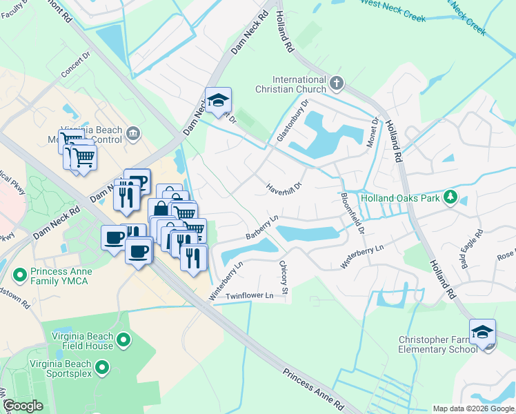 map of restaurants, bars, coffee shops, grocery stores, and more near 1900 Barberry Court in Virginia Beach
