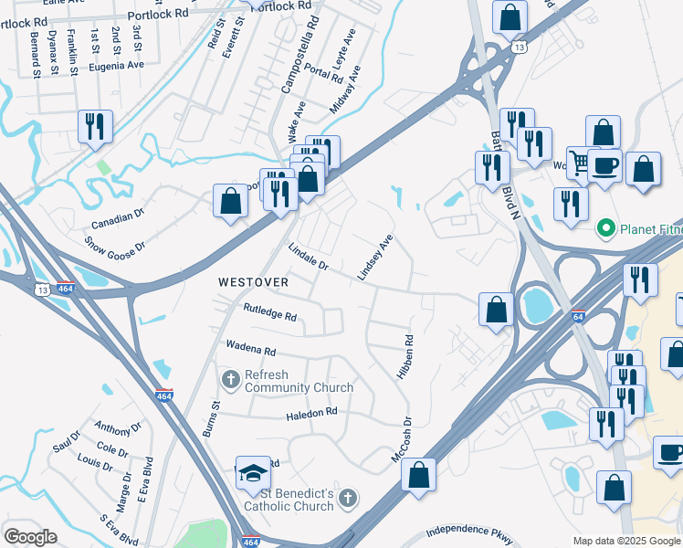 map of restaurants, bars, coffee shops, grocery stores, and more near 914 Lindale Drive in Chesapeake