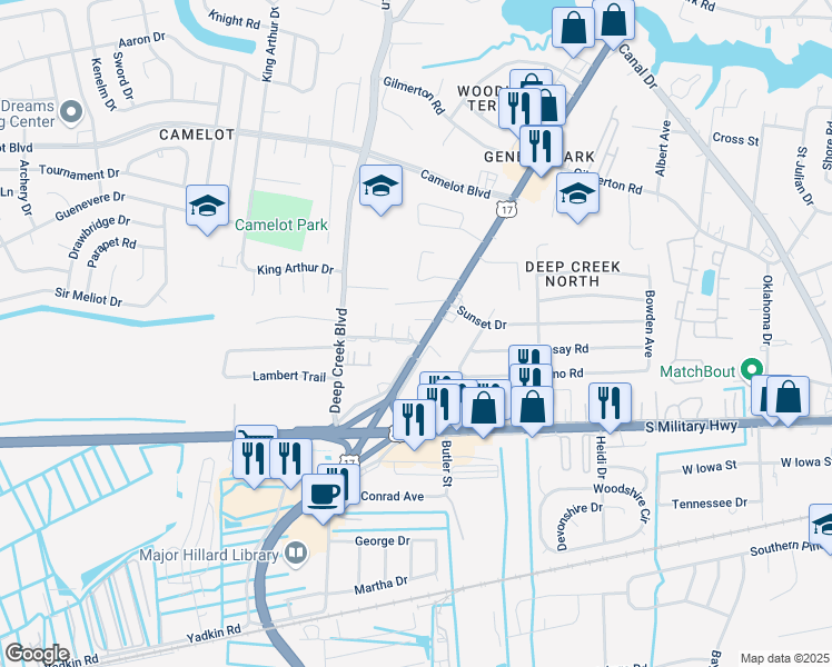 map of restaurants, bars, coffee shops, grocery stores, and more near 2600 Townhouse Lane in Chesapeake