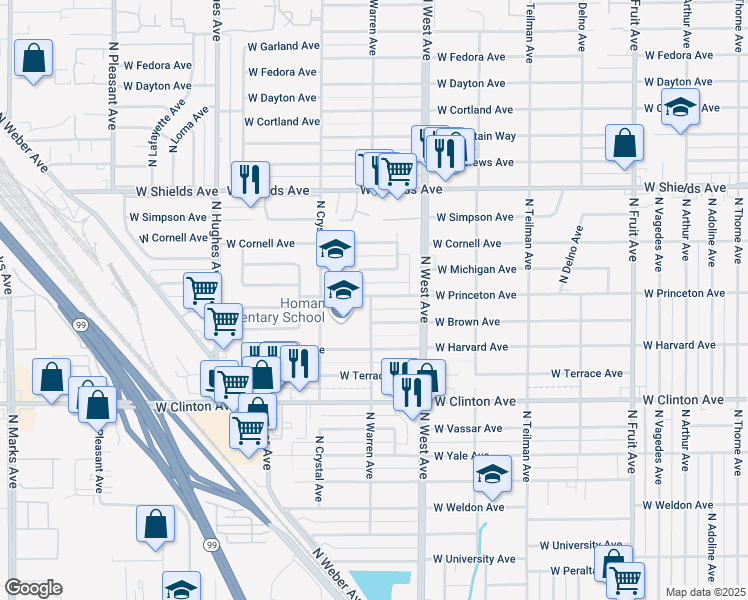 map of restaurants, bars, coffee shops, grocery stores, and more near 1477 West Princeton Avenue in Fresno
