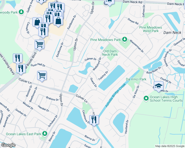 map of restaurants, bars, coffee shops, grocery stores, and more near 1888 Tolstoy Drive in Virginia Beach