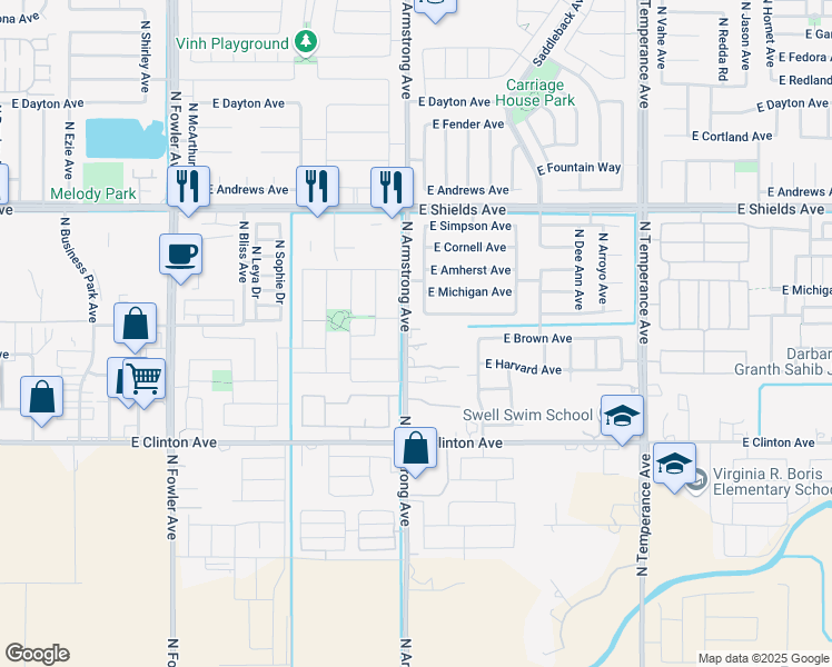 map of restaurants, bars, coffee shops, grocery stores, and more near 2710 North Armstrong Avenue in Fresno