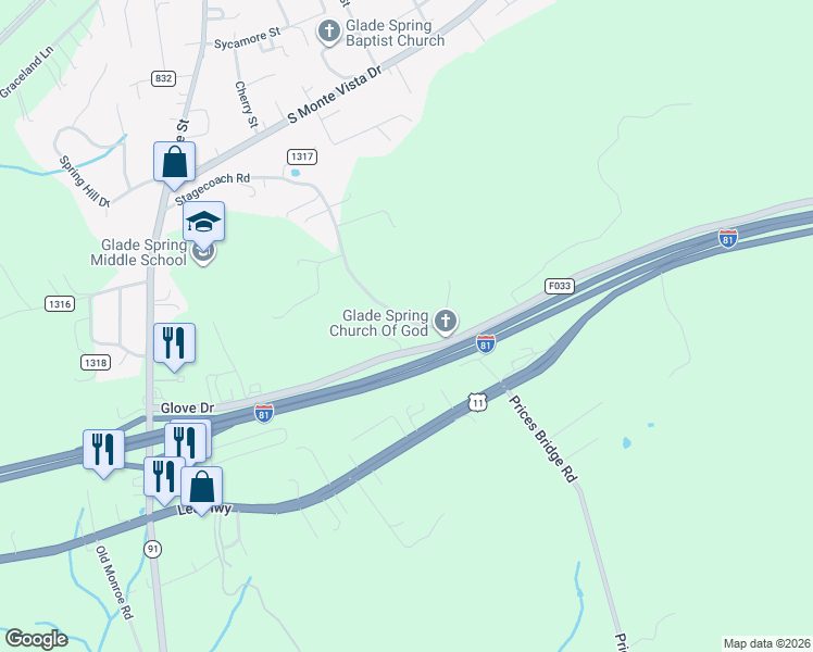 map of restaurants, bars, coffee shops, grocery stores, and more near 34310 Stagecoach Road in Glade Spring