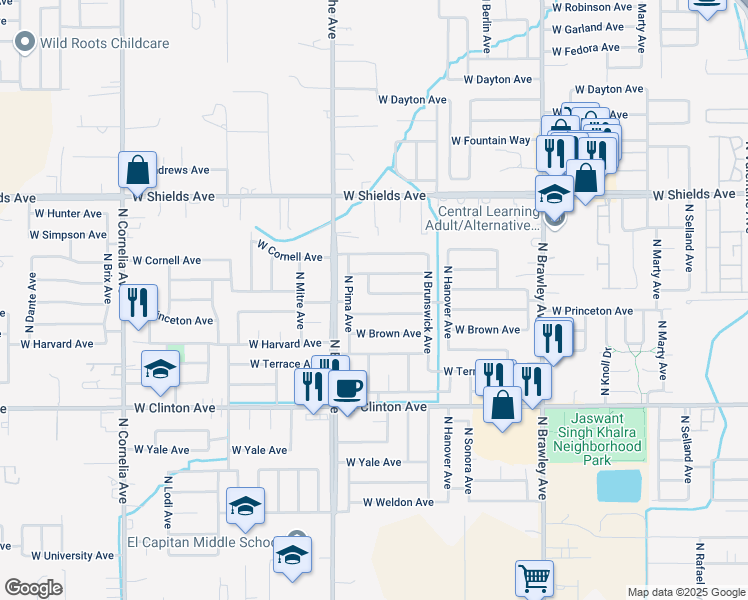 map of restaurants, bars, coffee shops, grocery stores, and more near 4323 West Michigan Avenue in Fresno