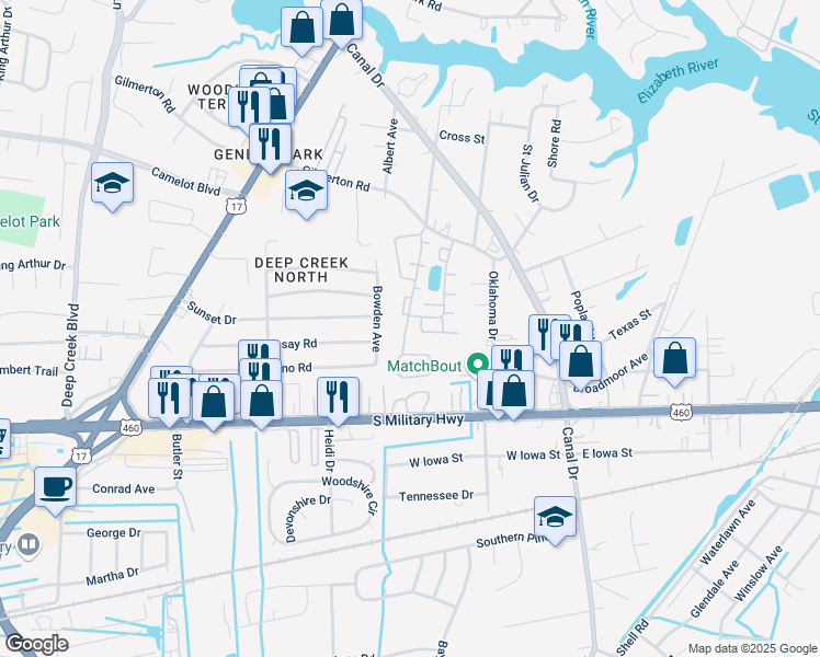 map of restaurants, bars, coffee shops, grocery stores, and more near 711 Geneva Avenue in Chesapeake