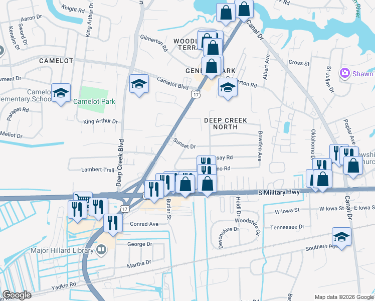 map of restaurants, bars, coffee shops, grocery stores, and more near 919 Bounds Avenue in Chesapeake