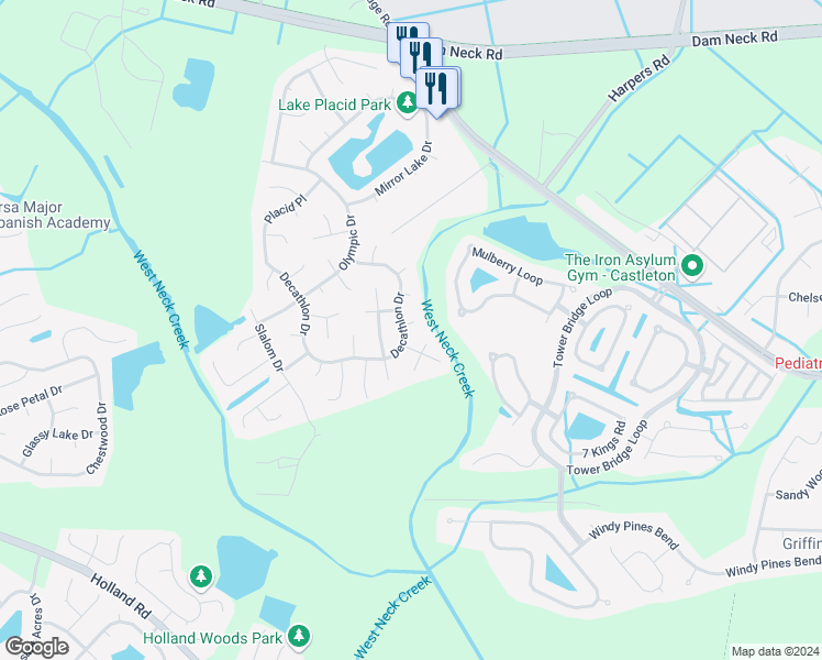 map of restaurants, bars, coffee shops, grocery stores, and more near 2509 Shea Circle in Virginia Beach