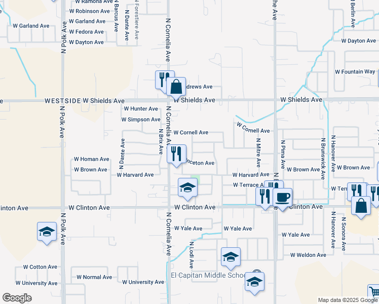 map of restaurants, bars, coffee shops, grocery stores, and more near 2617 North Lodi Avenue in Fresno