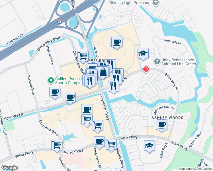 map of restaurants, bars, coffee shops, grocery stores, and more near 908 Eden Way N in Chesapeake