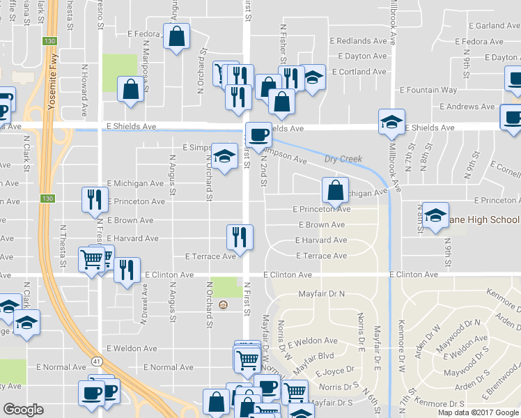 map of restaurants, bars, coffee shops, grocery stores, and more near 2743 North 2nd Street in Fresno
