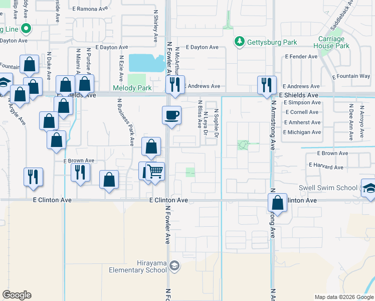 map of restaurants, bars, coffee shops, grocery stores, and more near 6094 East Homan Avenue in Fresno