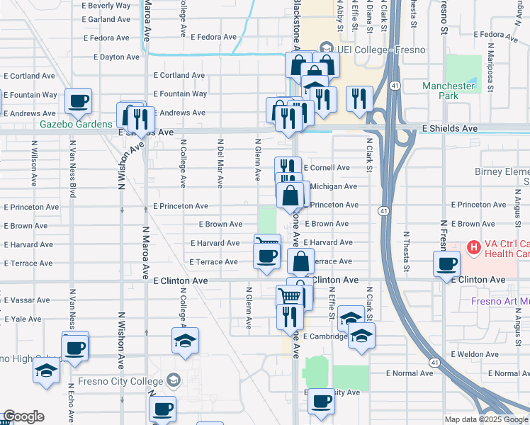 map of restaurants, bars, coffee shops, grocery stores, and more near 2735 North Blackstone Avenue in Fresno