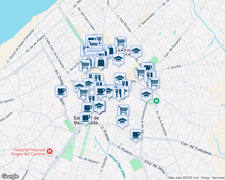 map of restaurants, bars, coffee shops, grocery stores, and more near 30 Calle Santiago in Sanlúcar de Barrameda