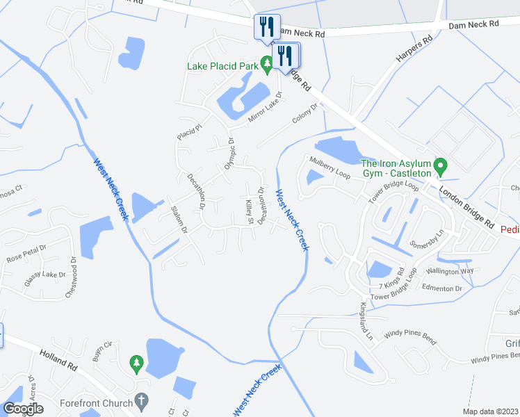map of restaurants, bars, coffee shops, grocery stores, and more near 1953 Decathlon Drive in Virginia Beach