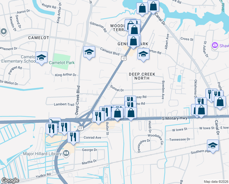 map of restaurants, bars, coffee shops, grocery stores, and more near 919 Bounds Avenue in Chesapeake