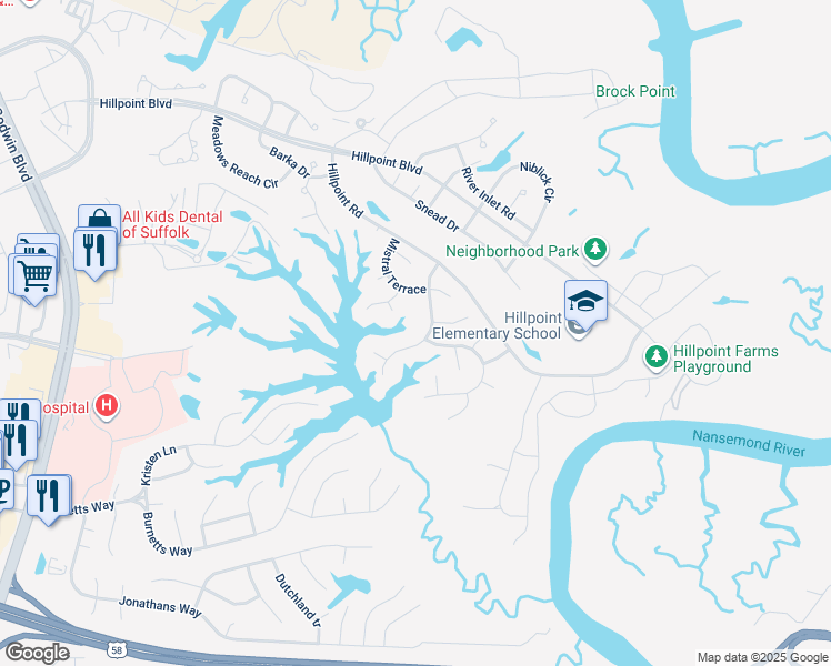 map of restaurants, bars, coffee shops, grocery stores, and more near 122 Lakes Edge Drive in Suffolk